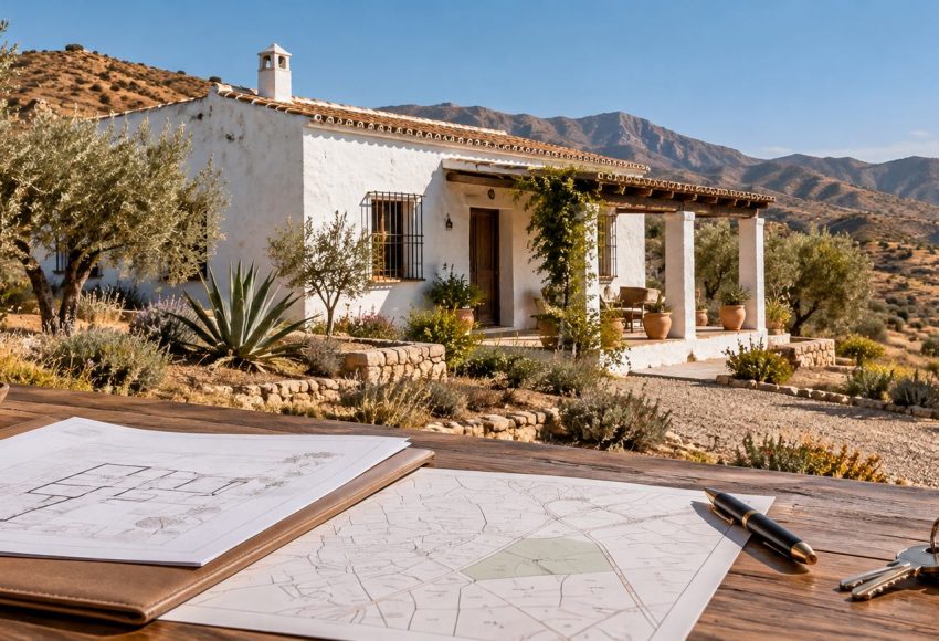 Cortijo en un paisaje rural de Almería con planos y llaves para ilustrar las comprobaciones legales antes de comprar.