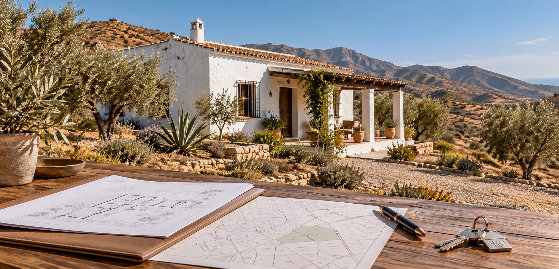 Cortijo en un paisaje rural de Almería con planos y llaves para ilustrar las comprobaciones legales antes de comprar.